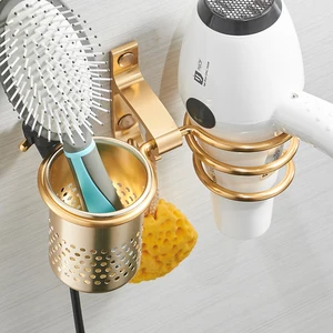 Hair Dryer Holder With Cup Households Rack Hair Blow Dryer Shelf Metal Wall Mount Bathroom Accessories Gold Hair Dryer Rack