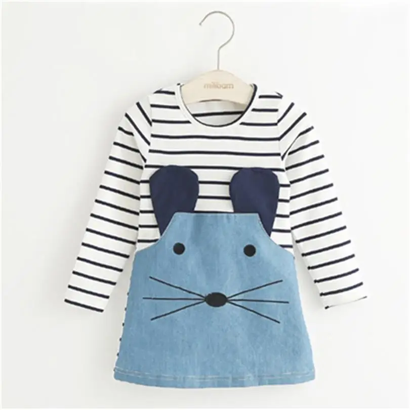 

2018 Striped Girl Dresses Patchwork Character Long Sleeve Cute Mouse Children Clothing Kids Girls Dress Denim Kids Clothes