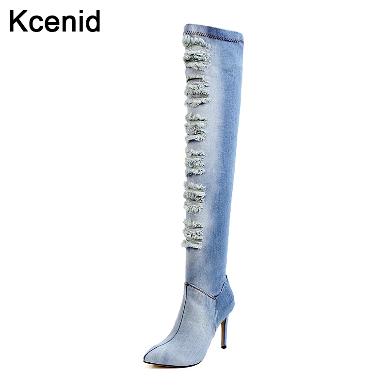 

Kcenid Autumn new blue denim boots fashion pointed toe over the knee thigh high boots high heels shoes woman cut-out jeans shoes