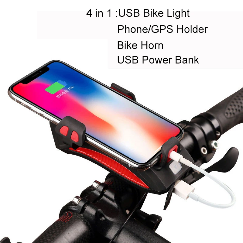 

4 In 1 USB Front Bike Light 4000MAH Rechargeable Battery Power Back Function Bicycle Lamp Cycling Phone Holder with Bell