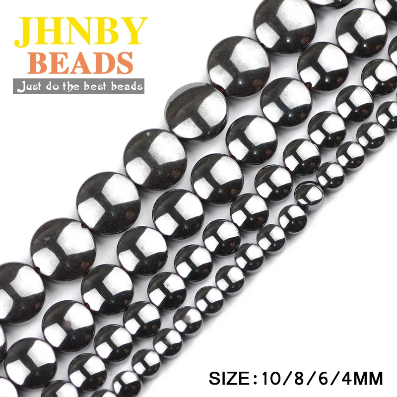 

JHNBY Convex COINS Black Hematite beads 4/6/8/10MM Natural Stone magnetite Flat round Loose bead For Jewelry bracelet Making DIY