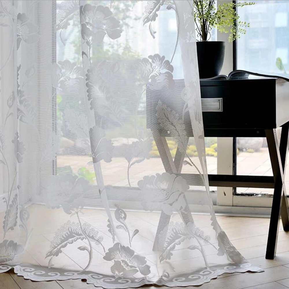 

Floral Jacquard lace Voile Window Sheer Curtains for Livingroom Bedroom GIGIZAZA Tulle Drape Stripe Process White Color