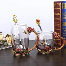 Стеклянная чашка кружки чай свадебные Стаканы Чашки с розами эмаль цвет Кристалл Стекло Термостойкие чашки сок чашки подарок на день Святого Валентина