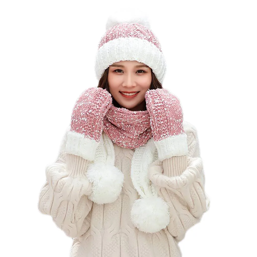 Повседневный комплект унисекс из 3 предметов для женщин; зимняя теплая разноцветная вязаная шапка Venonat+ шарф+ перчатки
