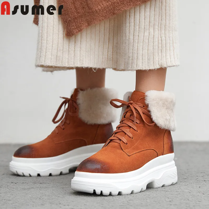 

ASUMER 2019 new fashion ankle boots for women round toe lace up suede leather boots platform winter kwwp warm snow boots
