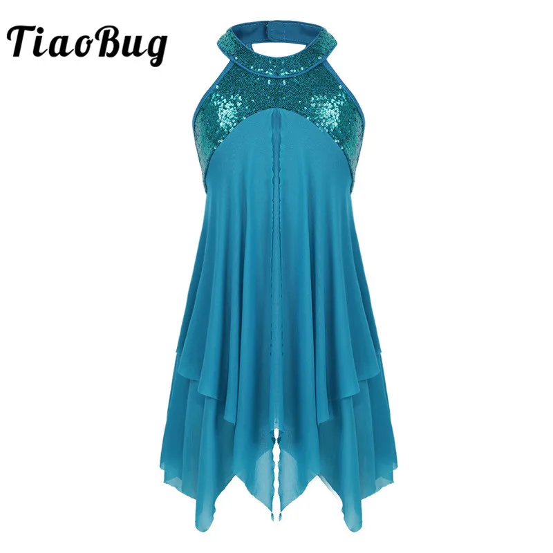 

TiaoBug Kids Teens Halter Lyrical Dance Costumes Sequined Backless Gymnastics Leotard Ballet Tutu Dress for Skating Dance Class