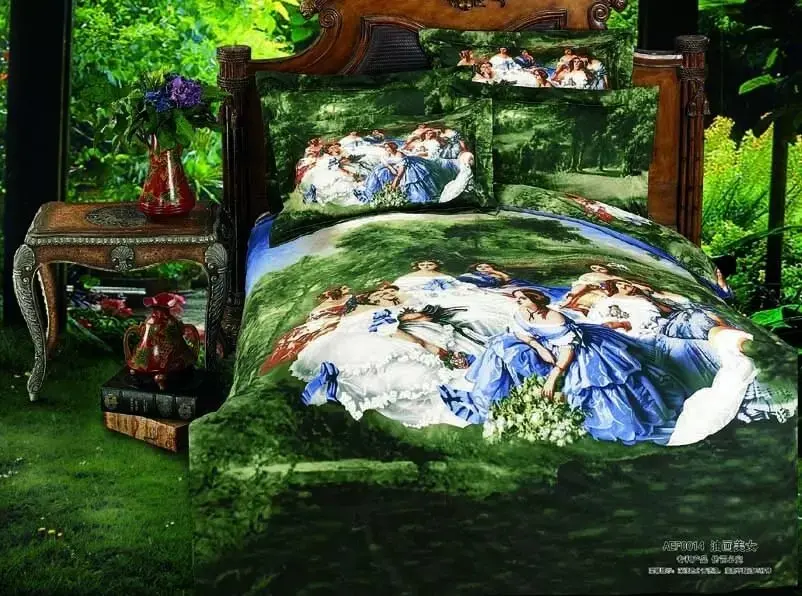 

100% Egyptian Cotton forest princess oil painting pattern duvet covers printed Queen/Full bedding sets 4pc with sheets bed linen