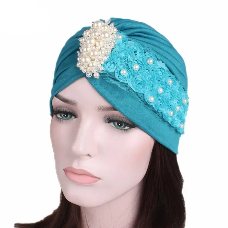 Новинка, женская шапка-тюрбан с жемчугом, с цветочным рисунком, мусульманская индийская шапка, шарф, арабские шапки, исламские плиссированные шапочки, шапка Рамадан - Цвет: peacock blue