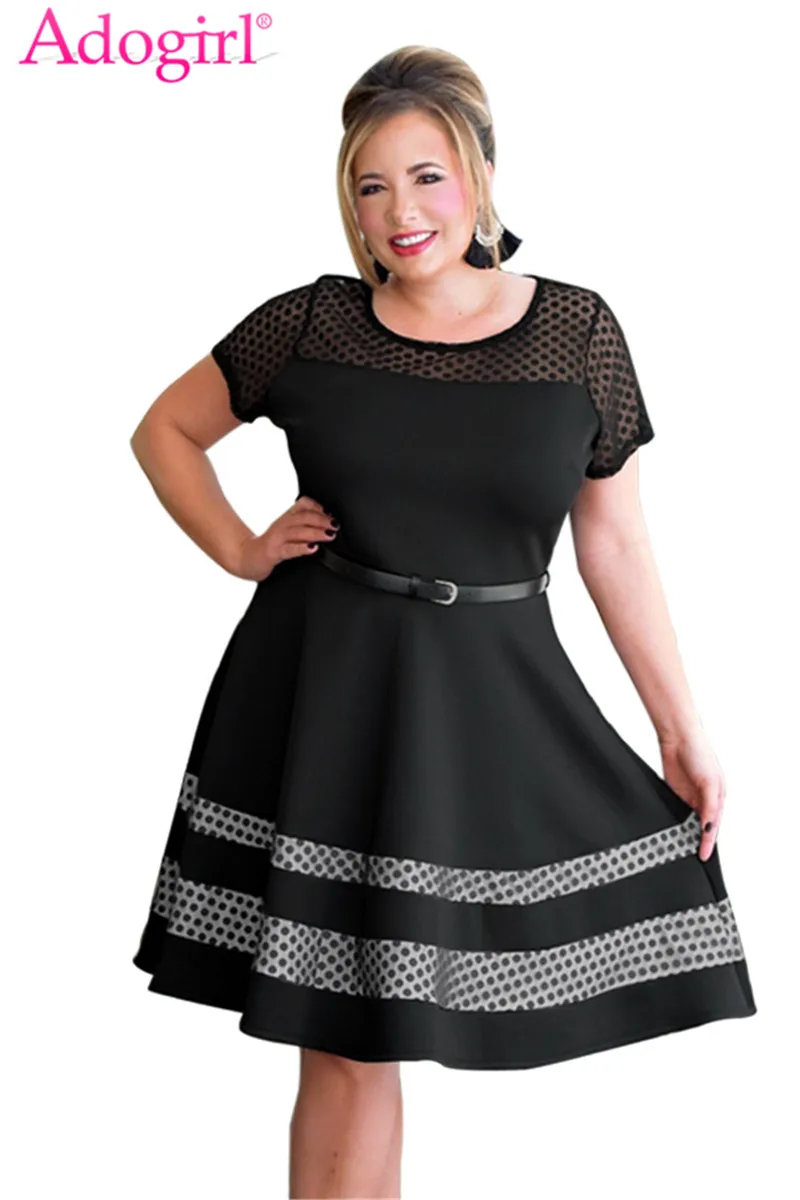 Black-Dotted-Mesh-Insert-Flare-Plus-Size-Dress-with-Belt-LC61970-2-1