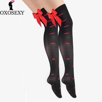 

Black Red Lips Bow Fishnet Tight High Stockings Women Sexy Stockings Over The Keen Mesh Lace Nylon Women Girls Lady Hosiery 461