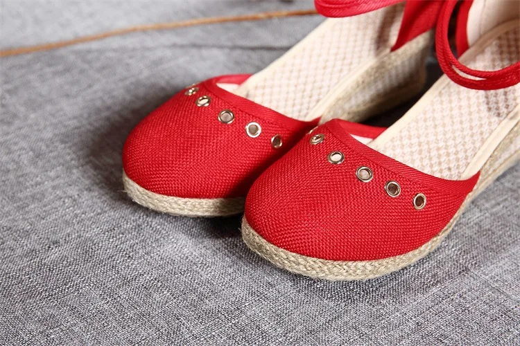 Women Sandals Casual Linen Canvas Wedge Espadrilles Sandals Summer Vintage Embroidered Ankle Strap Med Heel Platform Pump Shoes (5)