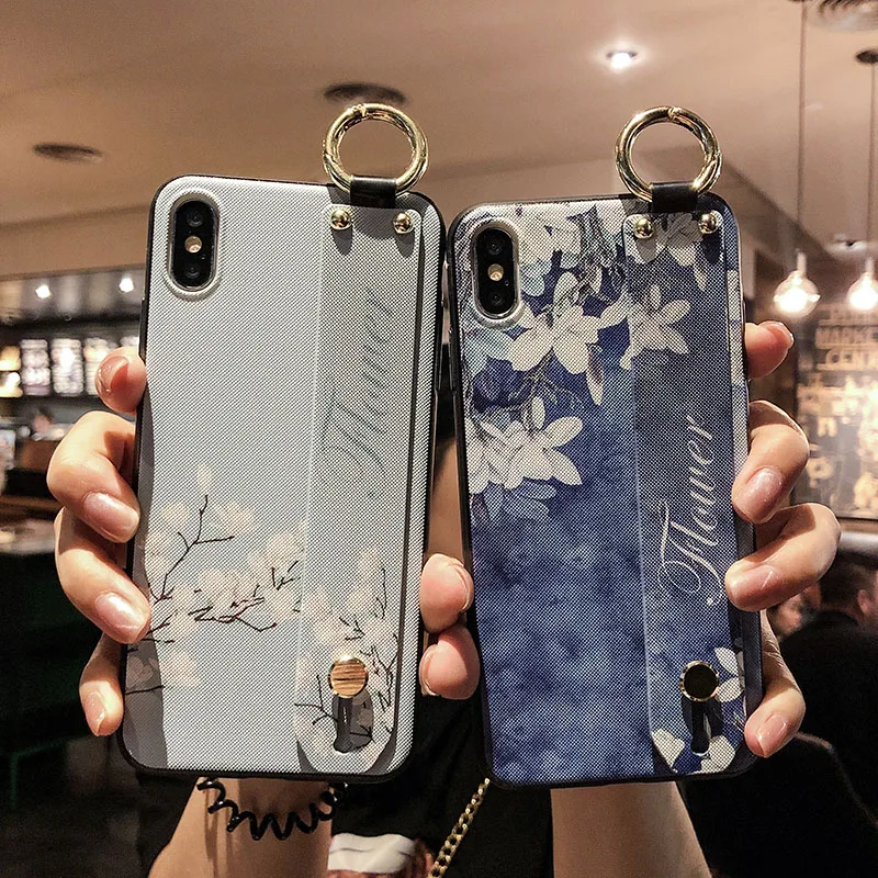 

Wrist Strap Phone case For iPhone X XS Max XR Cover Soft TPU Flower Pattern Holder Cases For iphone 7 8 6 6s plus Stand case