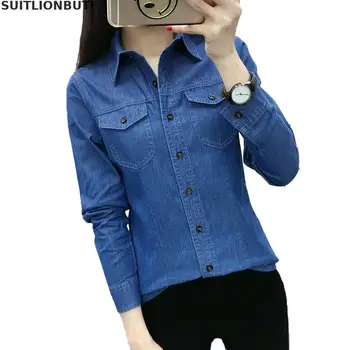 

S-3xl Spring Cotton Denim Shirts Women Slim 2 Color Autumn Shirt Plus Size Blouses Turn-down Collar Full Sleeves Tops For Women