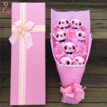 

2019 Baby Dolls Lovely Cartoon Plush Toys Stitch Festivals Gift Bouquet with Artificial Flowers for Valentine's Day Wedding