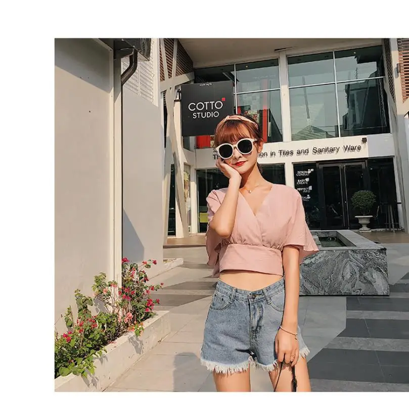 2018 summer women short flare sleeve short top sexy wrap v neck blouse female vacation lace up bow tie crop shirt top