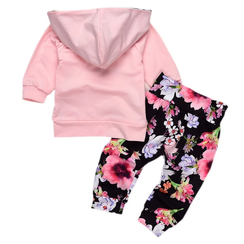 spesifikasi 2018 Musim Dingin Bayi Gadis Pakaian Dicetak Floral Gadis Celana Set Bayi Perempuan Baru Lahir Pakaian Hooded Tops T Kemeja + celana Set Bunga