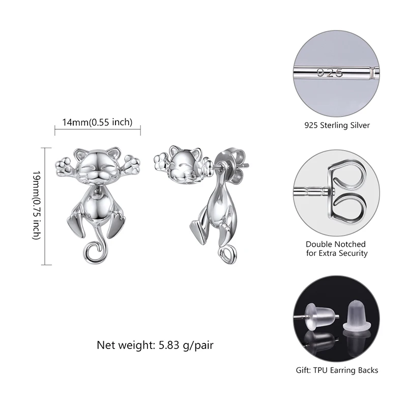 U7 925 пробы серебряные серьги гвоздики для женщин 3D милый кот корейский стиль серьги котенок животные ювелирные изделия подарок Новинка