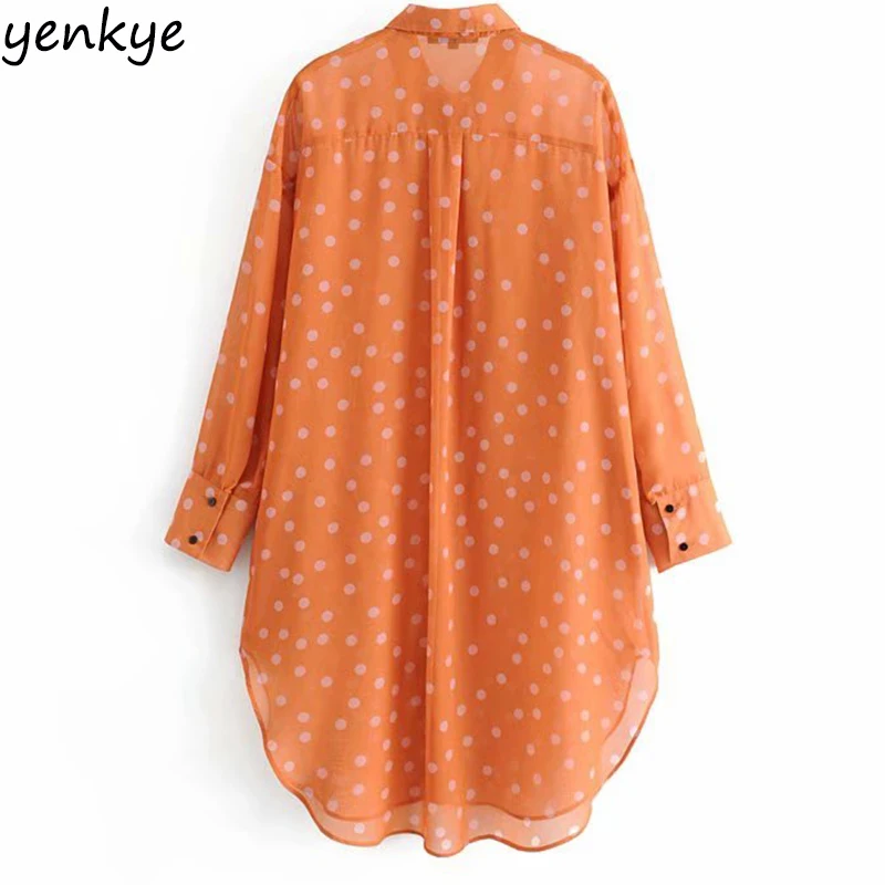 خمر البولكا نقطة طويلة قميص المرأة المعتاد بلوزة شيفون كم طويل بدوره إلى أسفل طوق الشارع الشهير الصيف البلوزات قمصان