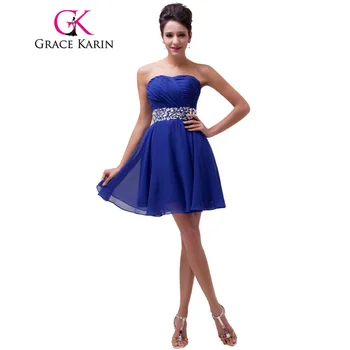 Grace Karin Navy Blue Prom dress 2017 Strapless Red Knee Length Crystals Chiffon Wedding Party Formal Short Bridesmaid Dresses