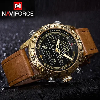 

NAVIFORCE Fashion Leather Gold Men Sport Watches Mens LED Analog Digital Watch Army Military Quartz Watch Relogio Masculino 9144