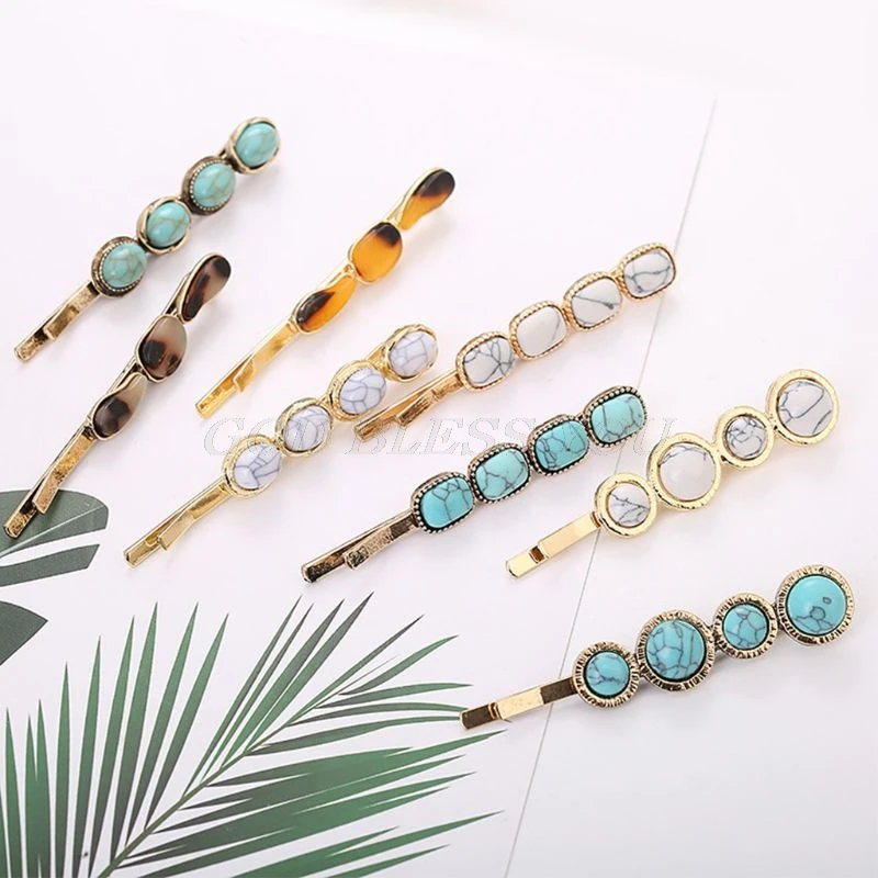 Vintage Palace Style Jewelry Metal Alloy Hairpins Ladies Women Imitation Marble Textured Hair Clips Geometric Styling Barrettes
