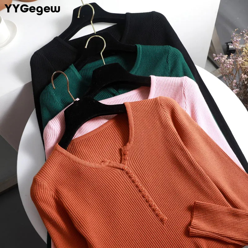 Women Sweater Pullover Basic Knitted Cotton Tops female Solid v-Neck button Jumper Long Sleeve Sweaters Autumn Winter 2019 | Женская