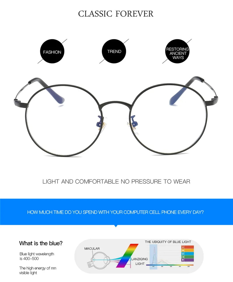 VCKA, модный синий светильник, очки, Ретро стиль, металлическая оправа, анти-синий луч, компьютерные очки, винтажные дизайнерские круглые очки, оправа, очки