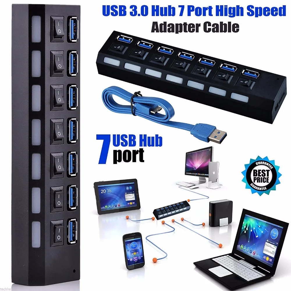 Windyoung USB Hub 3,0 высокое Скорость 7 Порты и разъёмы USB 3,0 концентратор с EUPower адаптер многопортовый usb-адаптер ВКЛ/ВЫКЛ для ноутбука MacBook