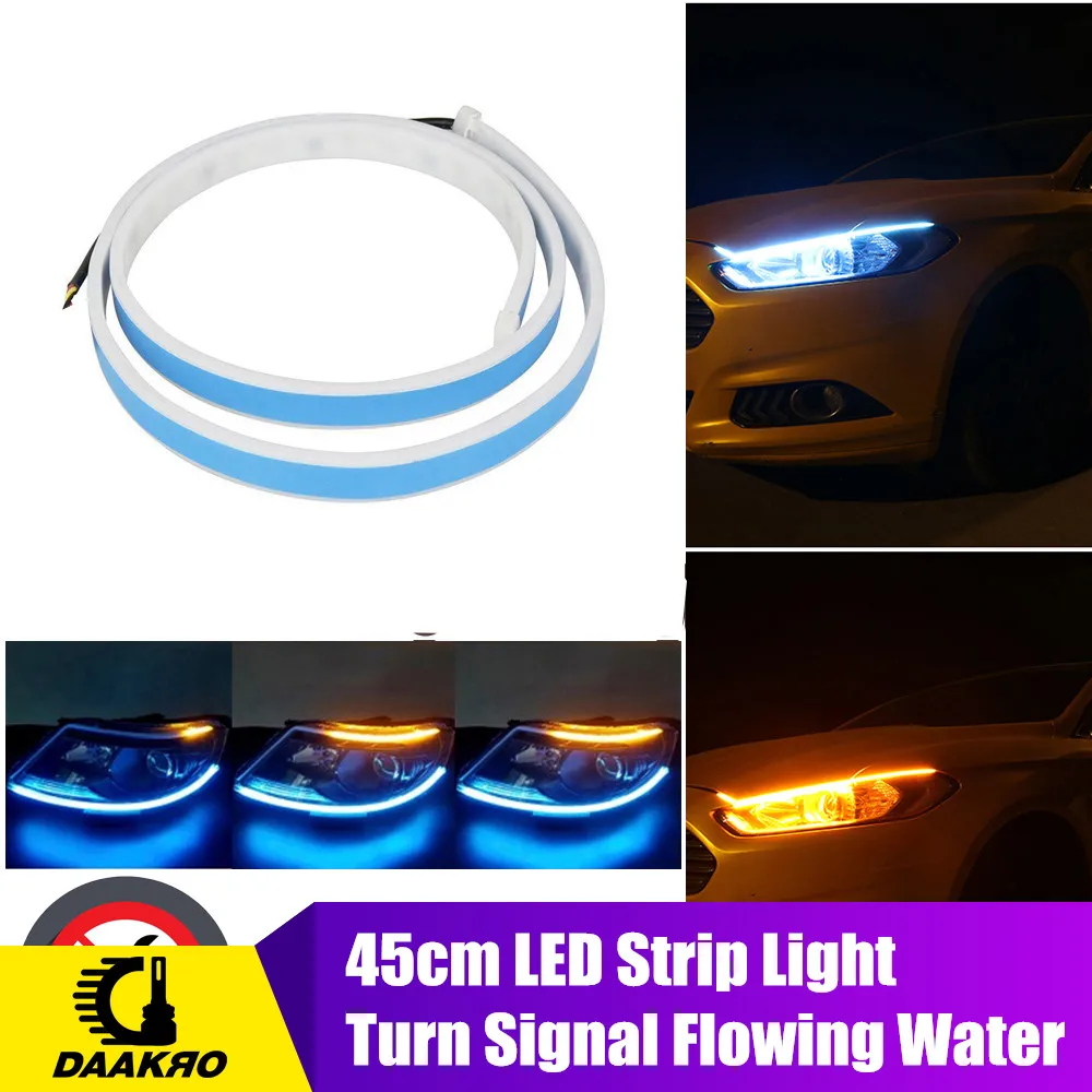 

45CM Turn Signal Yellow High Flexibility DC 12V 6000K 4500K Flowing Water Lamp Light Universal LED Strip Light Dual Color White