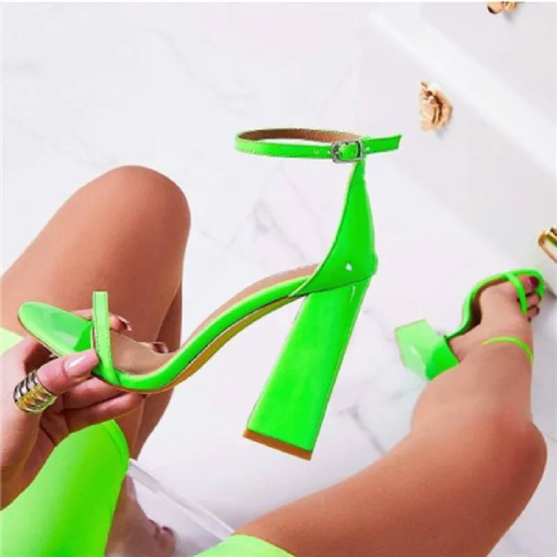

2019 New Fashion Fluorescent green Buckle Strap Women's Sandals Shoes Sexy Open-toed Party Square High Heels Sandals