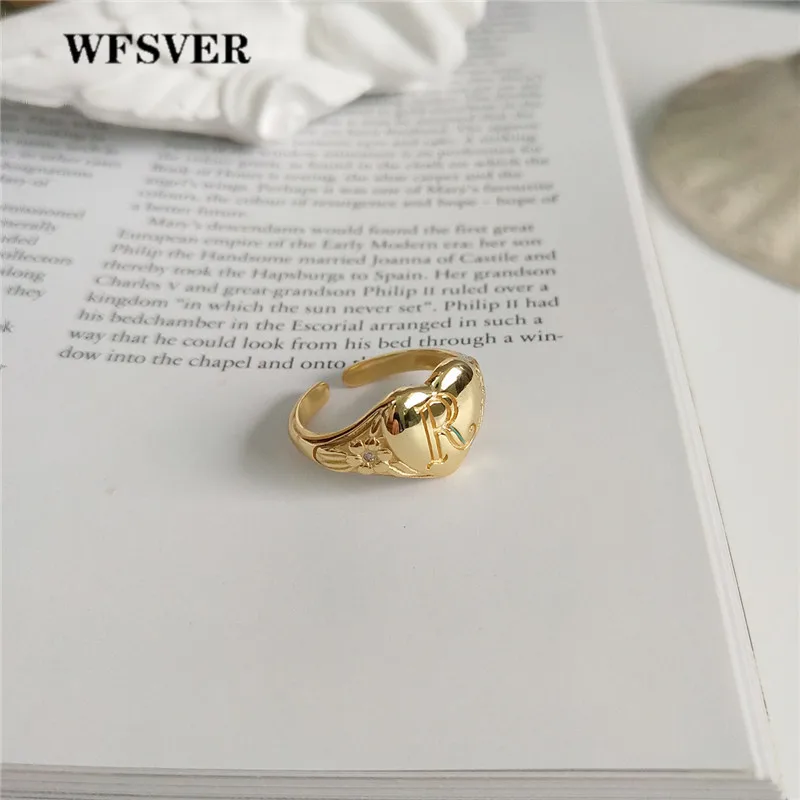 

WFSVER women gold color 925 sterling silver fashion ring korea style heart shaped letter ring opening adjustable fine jewelry