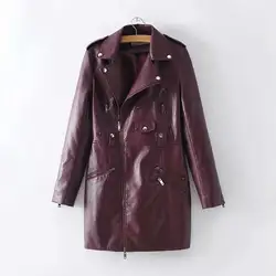 Новая весенне-осенняя кожаная куртка средней длины для женщин, приталенное пальто из ПУ на молнии с длинными рукавами, Женская винтажная