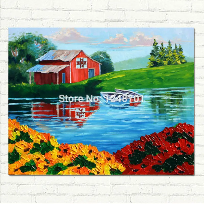 

Hand Painted Abstract Impasto Landscape Oil Painting Country Barn Lake Boats Big Impasto Flowers Canvas Art