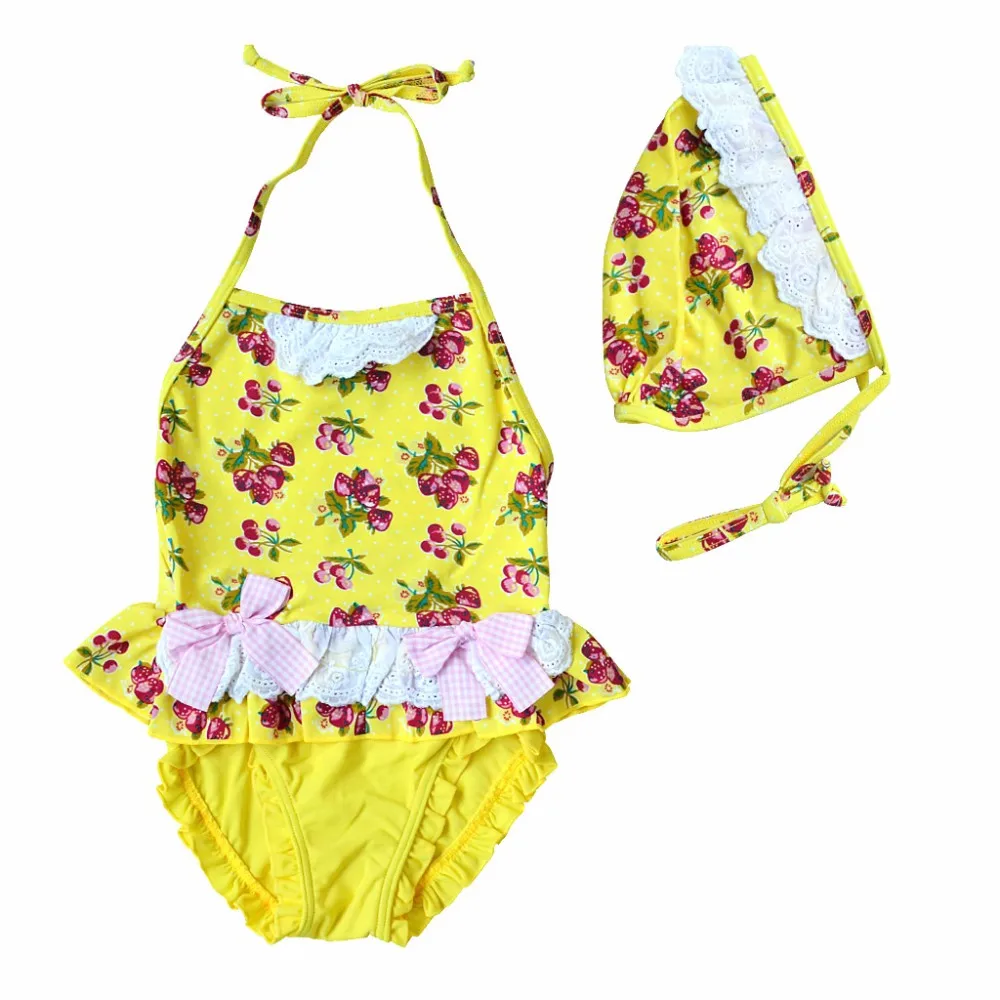Розничная, милая одежда для купания для маленьких девочек, цельный купальный костюм, детские купальные костюмы бикини, детская пляжная одежда с шапкой