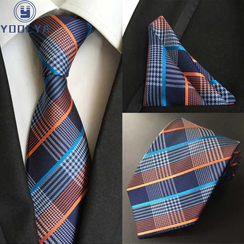 

HOT 8cm Men Silk Tie Striped plaid Necktie Handkerchief Set Luxury Neck Ties Men's Classic Party Wedding Pocket Square Tie Sets