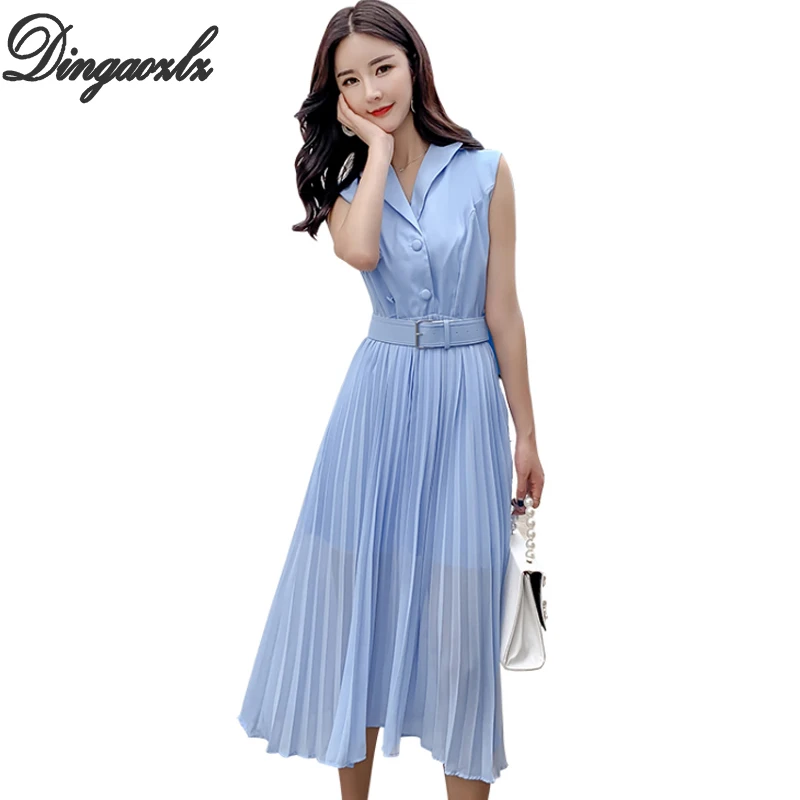 

Dingaozlz Women Summer Dresses 2019 New Fashion A-line Pleated Chiffon dress Vestidos Sleeveless OL dress