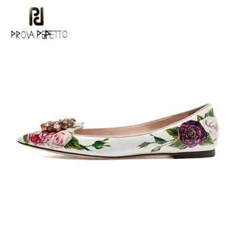 

Prova Perfetto crystal buckle decor pointed toe women flats shoes rose flower print sheepskin elegant comfort fashion lady shoes