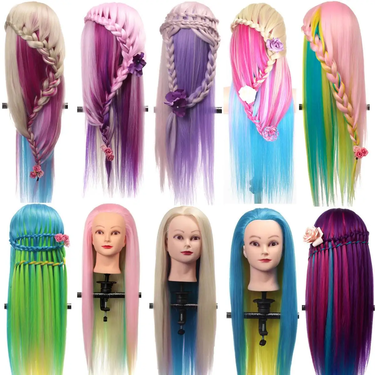 27 inch Professional Salon Practice Head Colorful High Temperature Fiber Hair Model Hairdressing Mannequin With Clamp Holder New