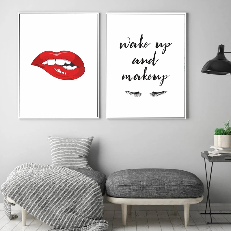 

Modern Canvas Painting Red Lip Wake Up Make Up Posters and Prints Lady Wall Art Picture for Women Bedroom Home Decor