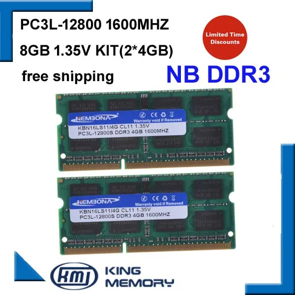 KEMBONA ноутбук Memoria ram DDR3 8GB KIT(2*4 GB) 12800S PC3L 1,35 V низкая мощность 1600MHz 204-pin SODIMM пожизненная Гарантия