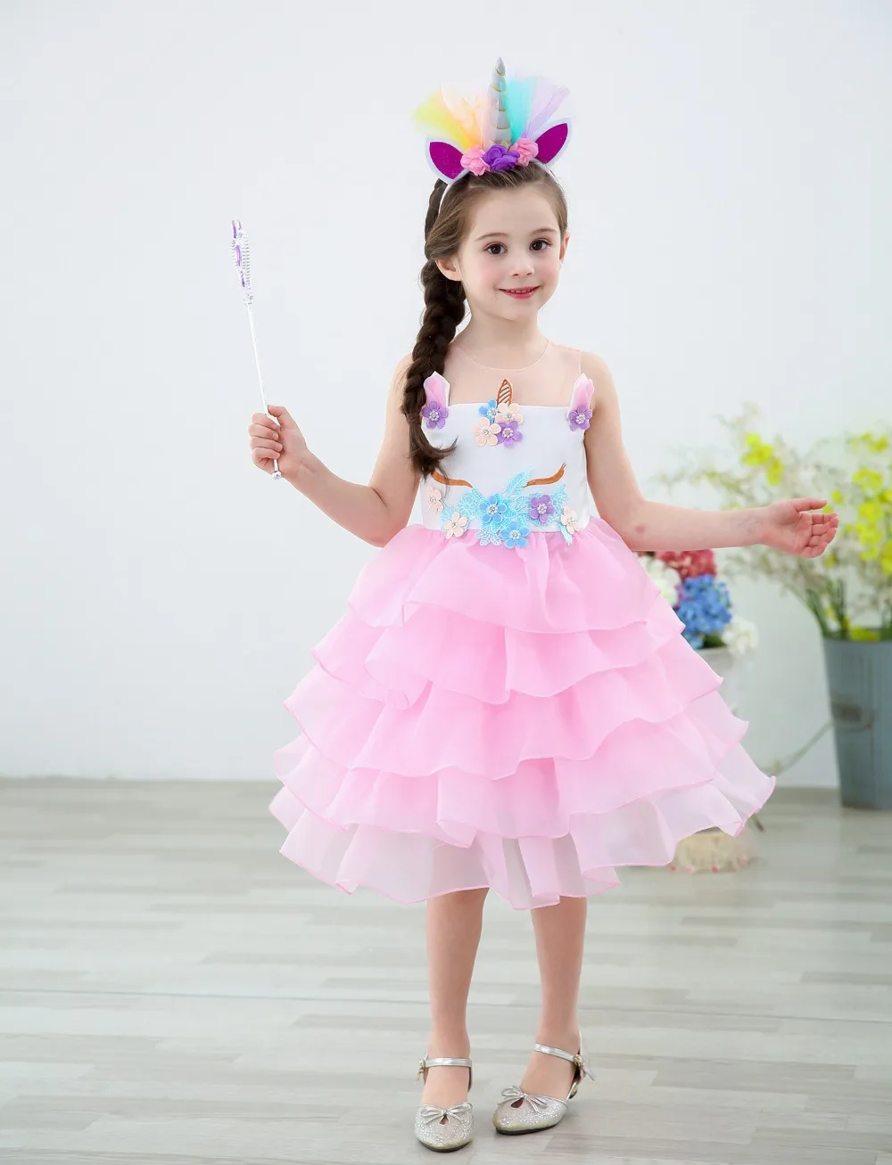 Kids unicorn dress for girls lyayered embroidery fancy ball