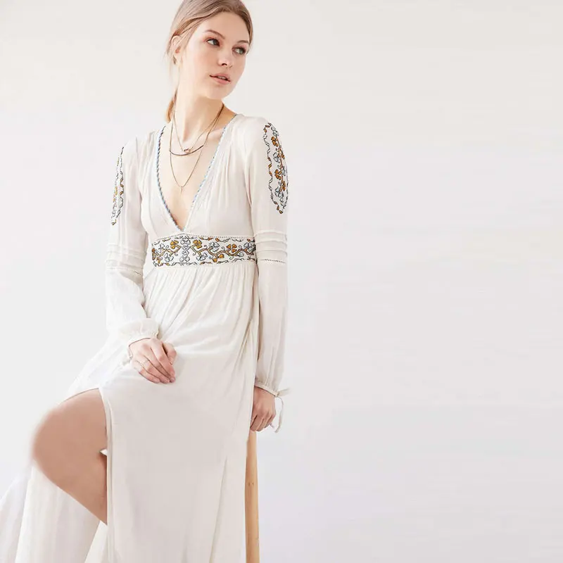 Женское платье с глубоким v образным вырезом BOHO PEOPLE длинное разрезом на подоле