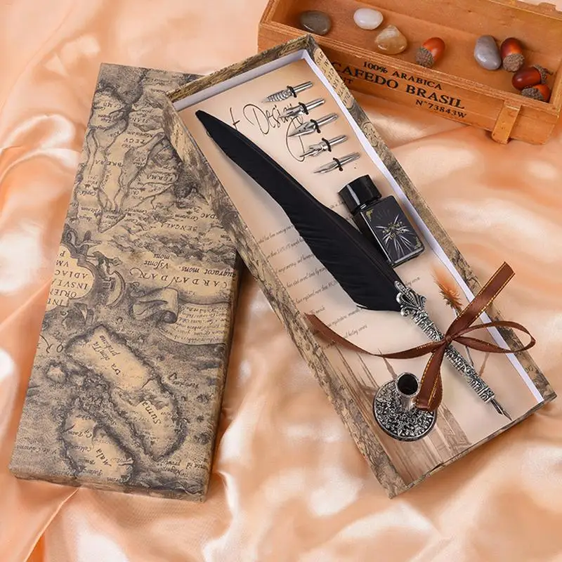 

1 Set Personality Creative European Style Vintage Retro Feather Pen Gift Set Innovative Ink Pen Students Officer Gift Wholesale