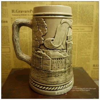 

Retro Style Ceramic German Beer Mug The Rhine Hand Painted Mugs Embossed Pattern Coffee Cup 14*18cm