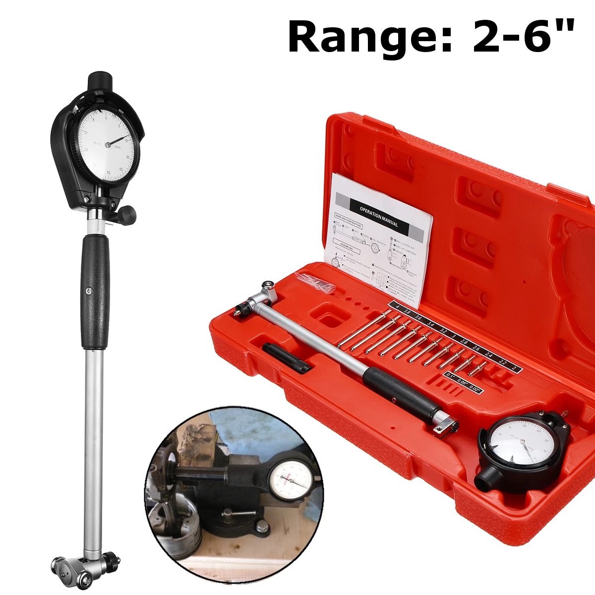 

2-6" Grad 0.0005" Engine Cylinder Dial Bore Gauge Measuring Indicator Resolution Steel+ABS 10 Anvils Changeable/Movable Probe