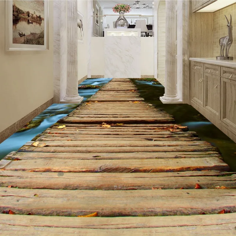 

Free Shipping custom Creative Aesthetic Wooden Bridge Bathroom Corridor Aisle 3D stereo Flooring Self-adhesive mural wallpaper