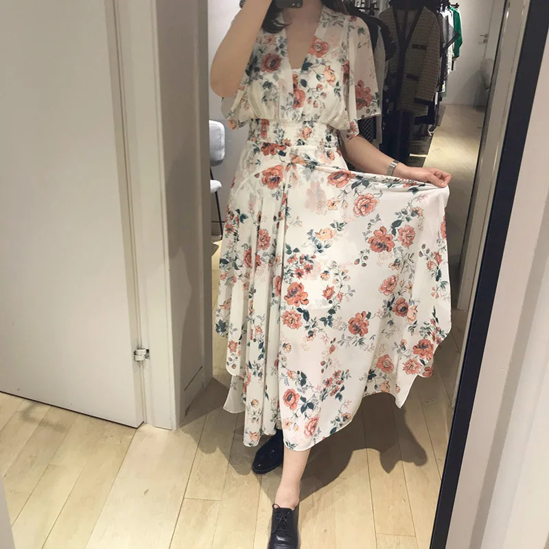 

2019 Spring and Summer New Rose Printed Two Long Chiffon Dresses V-Neck Mid-Calf Print Straight Dress Women Sexy Dress