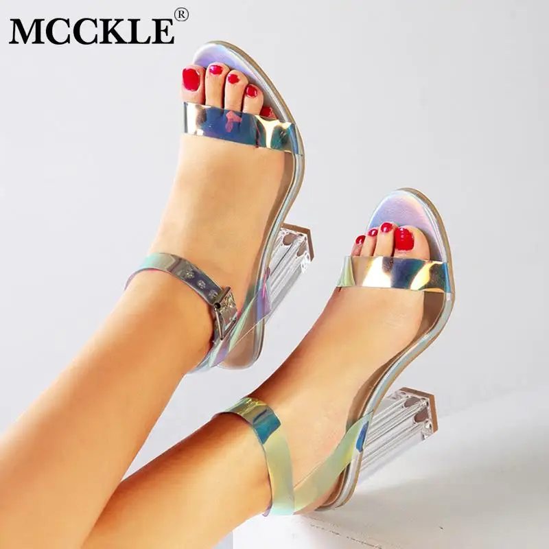 

MCCKLE Women Sandals Transparent Crystal High Heels Ladies Fashion Peep Toe Ankle Strap Ladies Buckle Footwear Summer Shoes