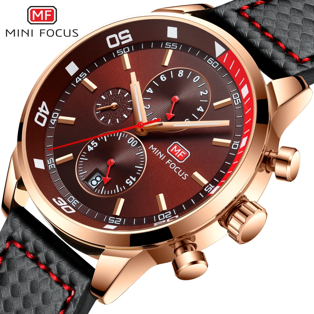 

Mini Focus Sport Mens Chronograph Watches Top Brand Luxury Rose Gold Case Fashion Red Dial Black Leather Wrist Watch Clock Men