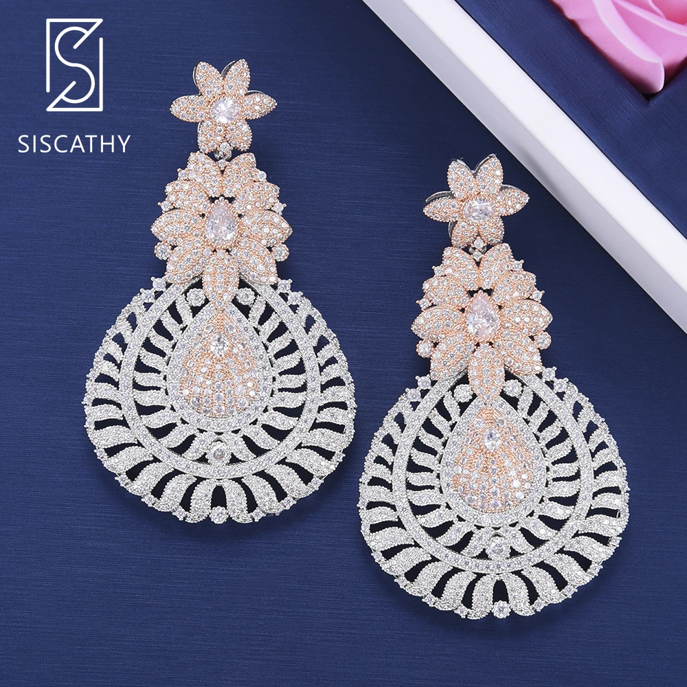

SISCATHY Women earrings Waterdrop Shape Flower Cubic Zirconia Wedding Drop Dangle Earrings pendientes mujer moda 2018